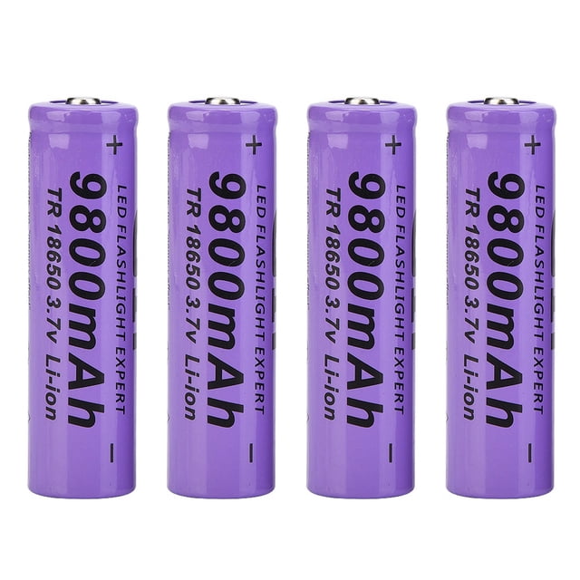 batería recargable gif 18650 de 9800 mah, 4 unidades, color morado pack de cuatro baterías 18650 moradas en vista frontal vertical que muestra la leyenda negra '9800mAh' y 'TR 18650 3.7V Li-ion' en cada celda; polos positivos visibles arriba, acabado brillante sobre fondo blanco, adecuada para linternas y dispositivos portátiles; a menudo usada también en bancos de energía portátiles y proyectos de bricolaje.