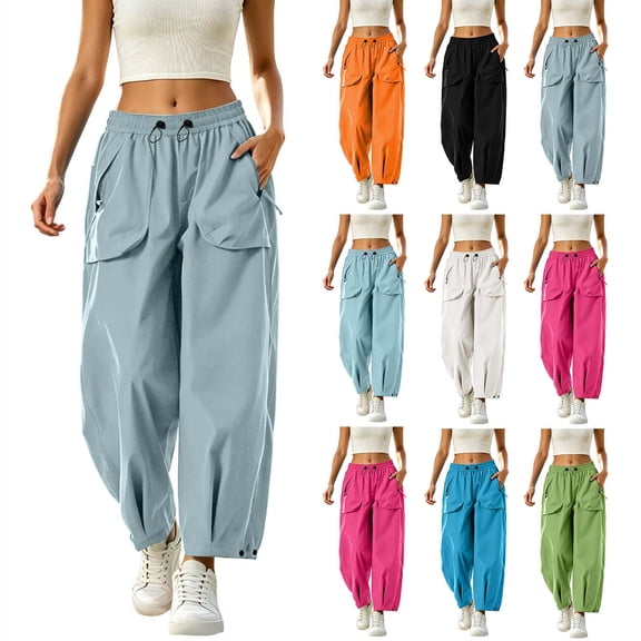 FRSASU Women's Baggy Cargo Pants Y2K Barrel Wide Leg Streetwear Drawstring Trousers with Pockets White