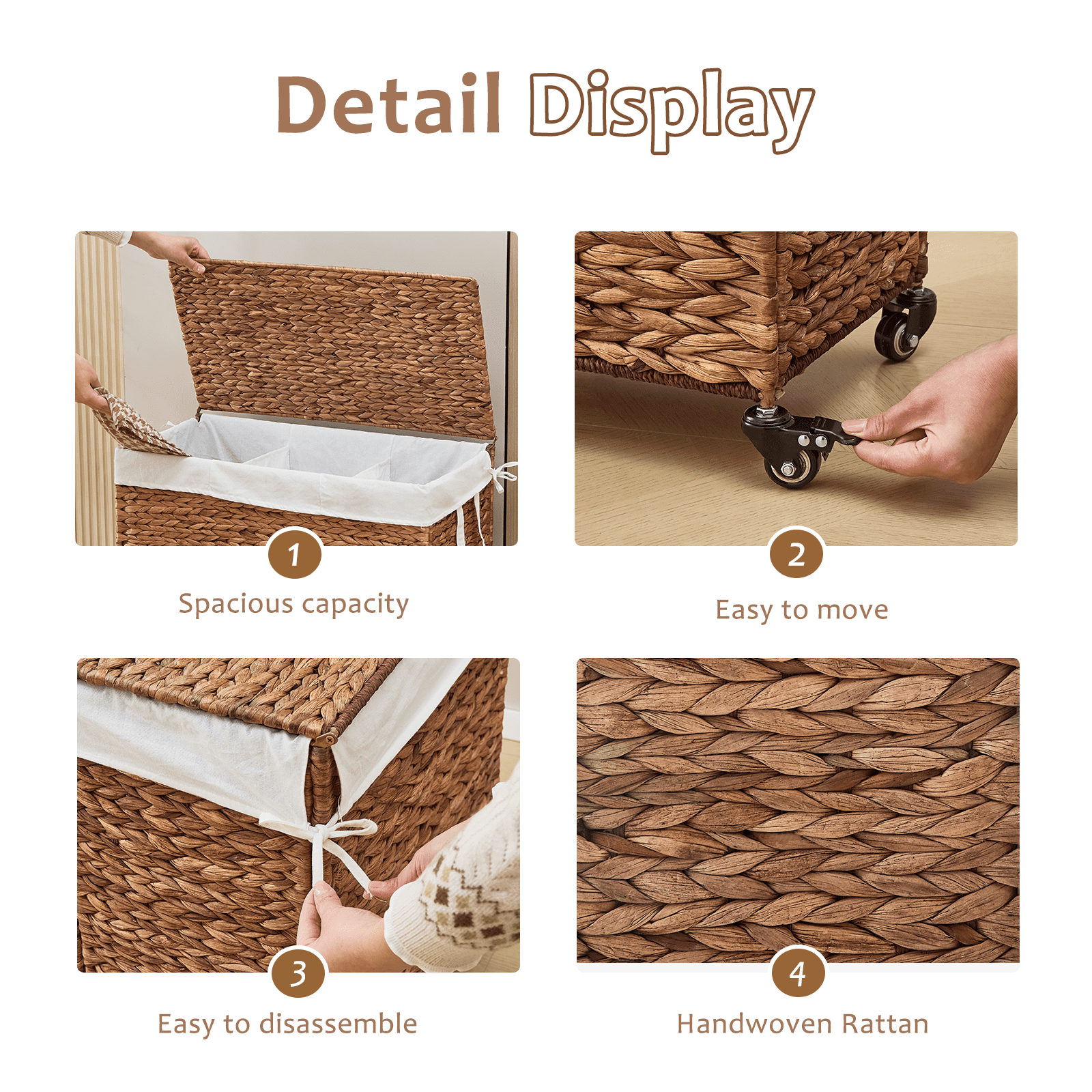160L 3-Section Laundry Hamper with Lid and Wheels, Woven Natural Water Hyacinth