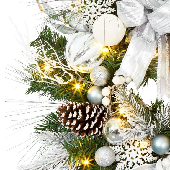 24-Inch Pre-Lit Silver & White Christmas Wreath – Artificial Holiday Wreath with Bows, Ornaments & 20 LED Lights for Front Door, Window & Mantel Decor