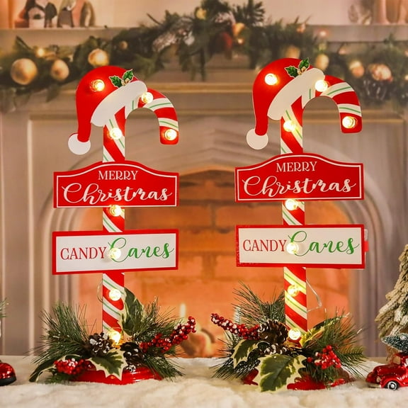 2 Pack Christmas Candy Cane Sign with LED Lights Festive Decor with Santa Hat,"Merry Christmas" & "Candy Canes" Signs,Indoor/Outdoor Holiday Decoration