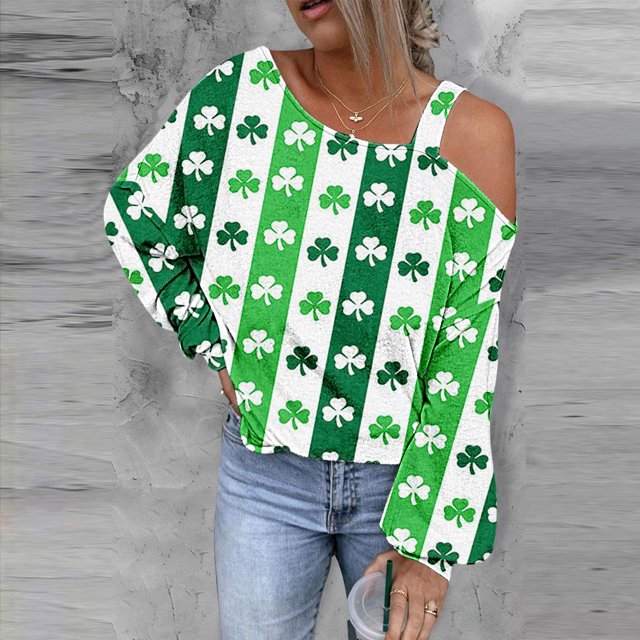 Hauts pour Femmes Mode Tendance Chandail en Molleton Imprimé Saint-Patrick Épaules Dénudées Graphique Manches Longues Pull