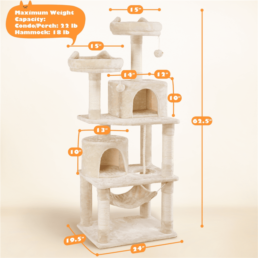 Alden Design 62" Double Condo Cat Tree and Scratching Post Tower, Beige