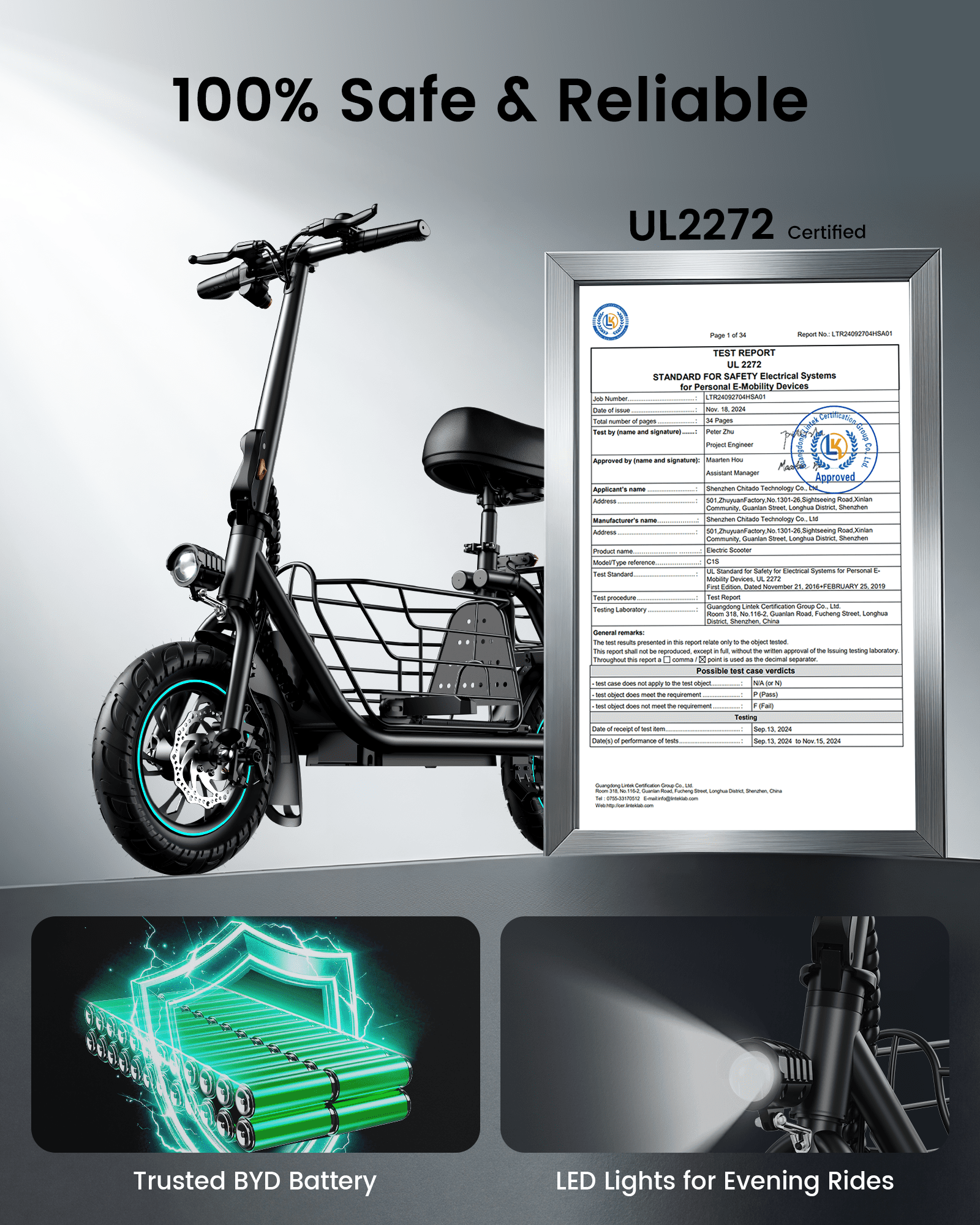 MIHOVER 550W Pet Friendly Electric Scooter with Seat for Small Dogs, 12" Electric Scooters for Adults, Dual Baskets 36V 7.8AH Battery, UL2272 Certified