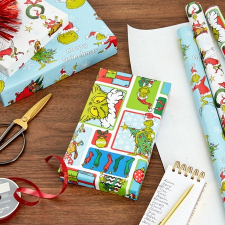 Hallmark Grinch Wrapping Paper for Christmas with Blue Tiles, White Snowflakes, Cindy Lou Who, Max( missing one roll)