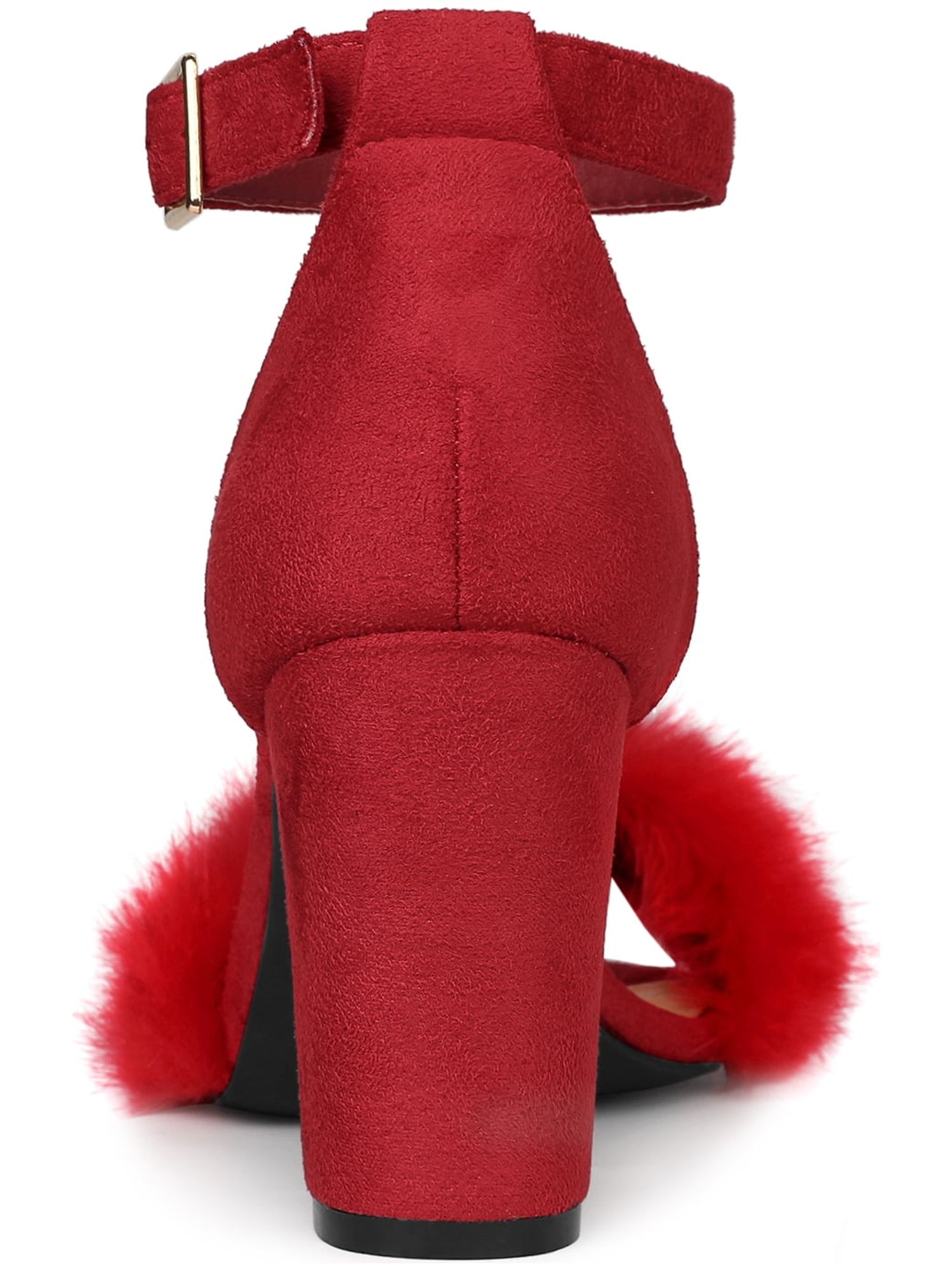 DARING DIVA Women's Ankle Strap Faux Fur Block Heels Beige Sandals for Wear Red 11