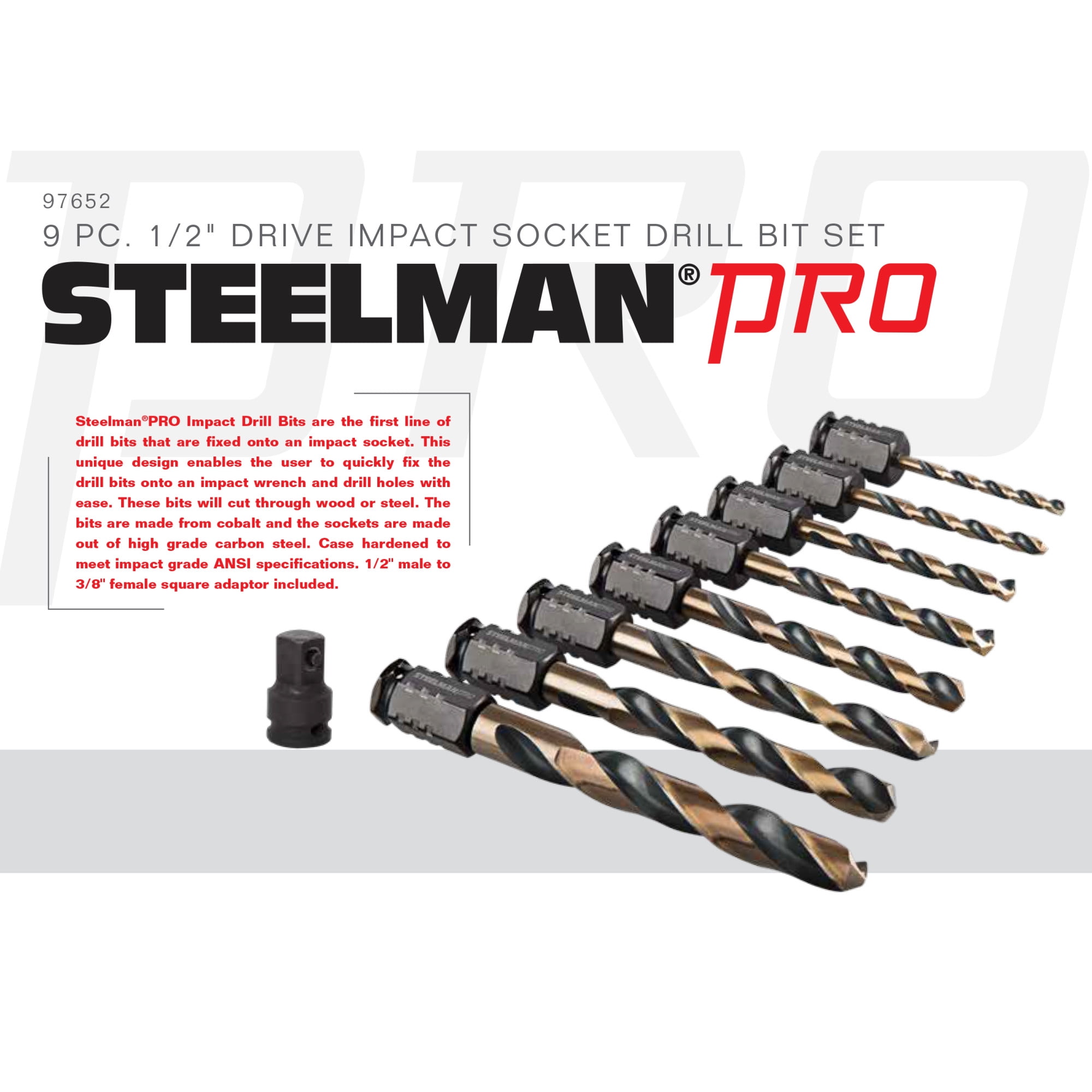 Steelman Pro 97652 1/2Inch Drive Impact Grade Drill Bit Set 9Piece