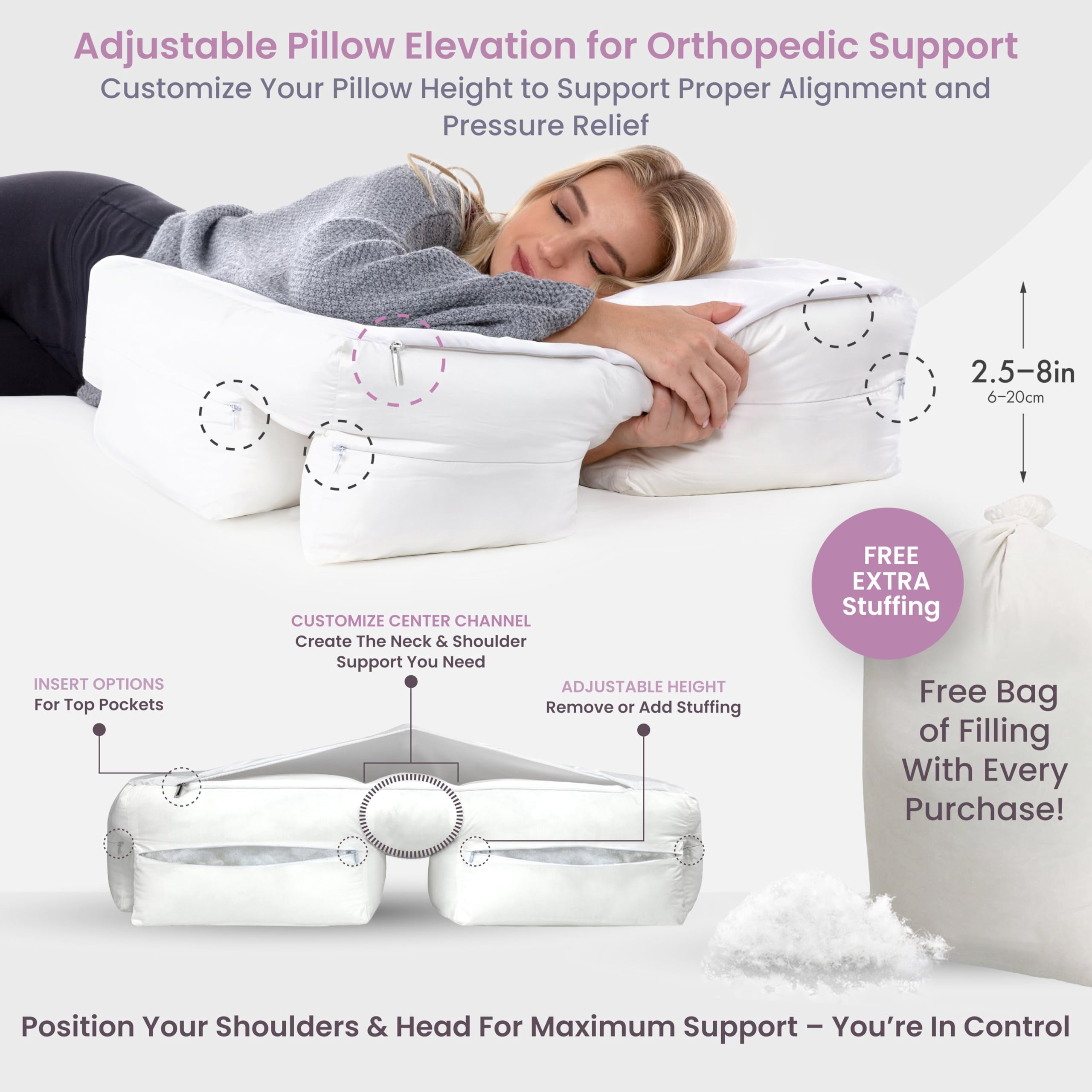 Adjustable Side Sleeper Pillow with Arm Tunnels for Shoulder Pain, Rotator Cuff Support, Arm & Shoulder Relief - Pressure-Free Sleep Pillow for Adults - Down Alternative Fiber Fill