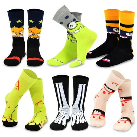 TeeHee Novelty Cotton Fun Crew Socks 6-Pack for Men (Bone and Monster