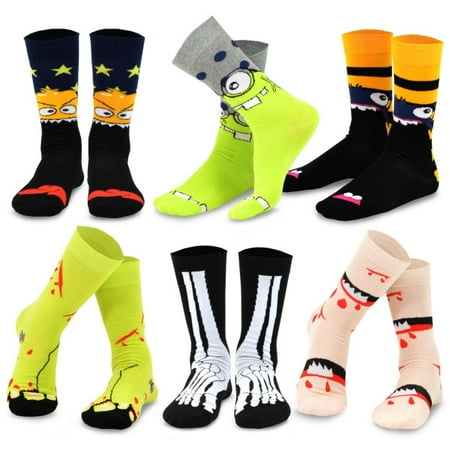 TeeHee Novelty Cotton Fun Crew Socks 6-Pack for Men (Bone and Monster (Best Mens Novelty Socks)