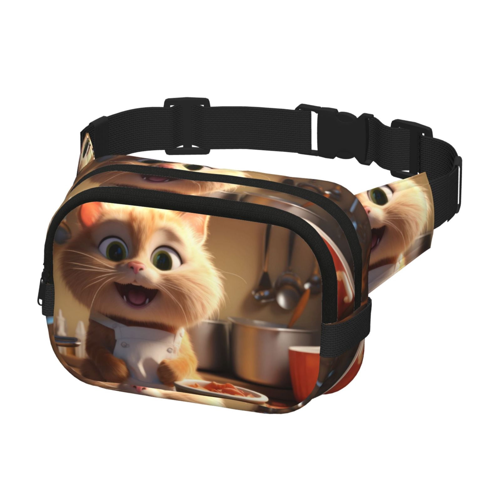 Picia Cartoon Cooking Cat Print Square Double-Layer Waist Bag Mini Adjustable Waist Belt Bag Exercise Running Travel Hiking