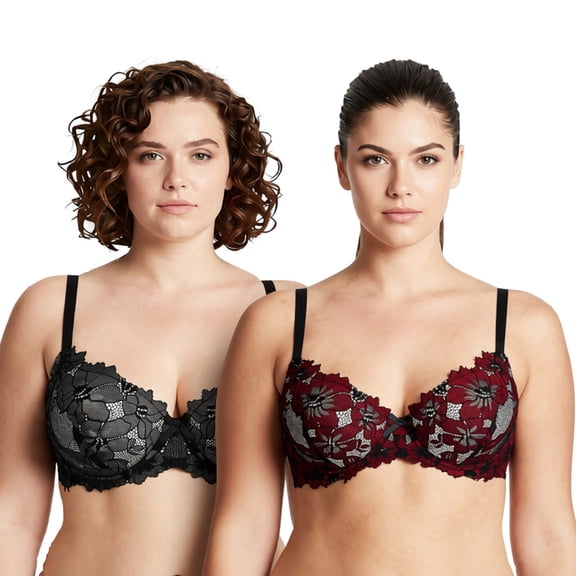 Curve Muse Women's Plus Size Push Up Add 1 Cup Underwire Perfect Shape Lace Bras-2Pk-Black/Red,Black/Silver-32B