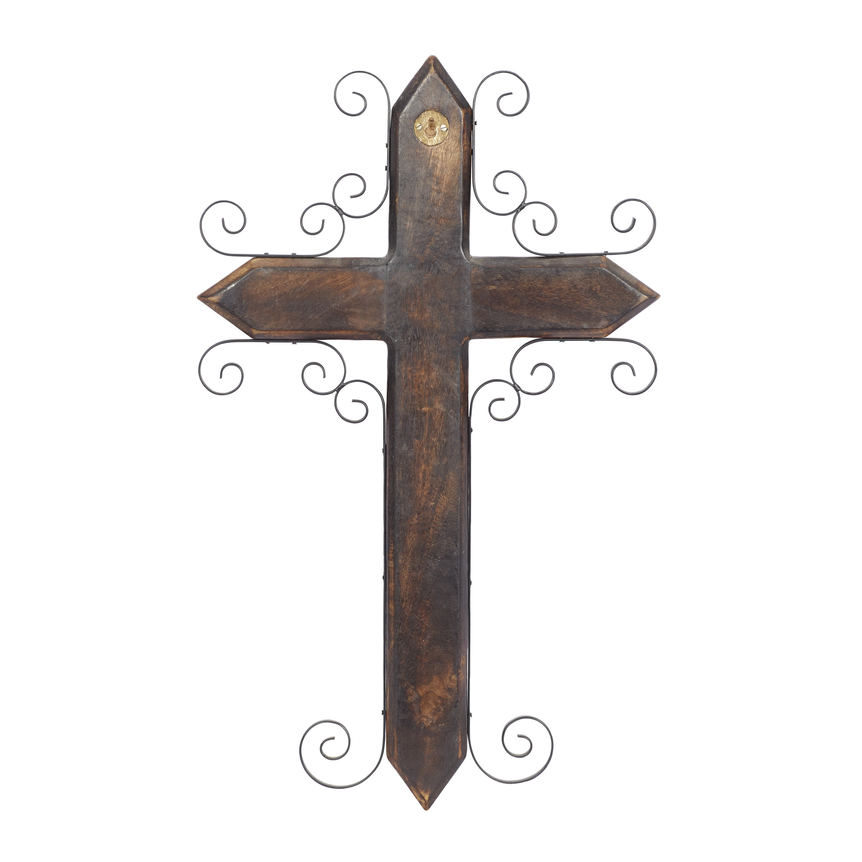 DecMode Brown Mango Wood Carved Cross Cross Wall Decor with Metal Scrollwork