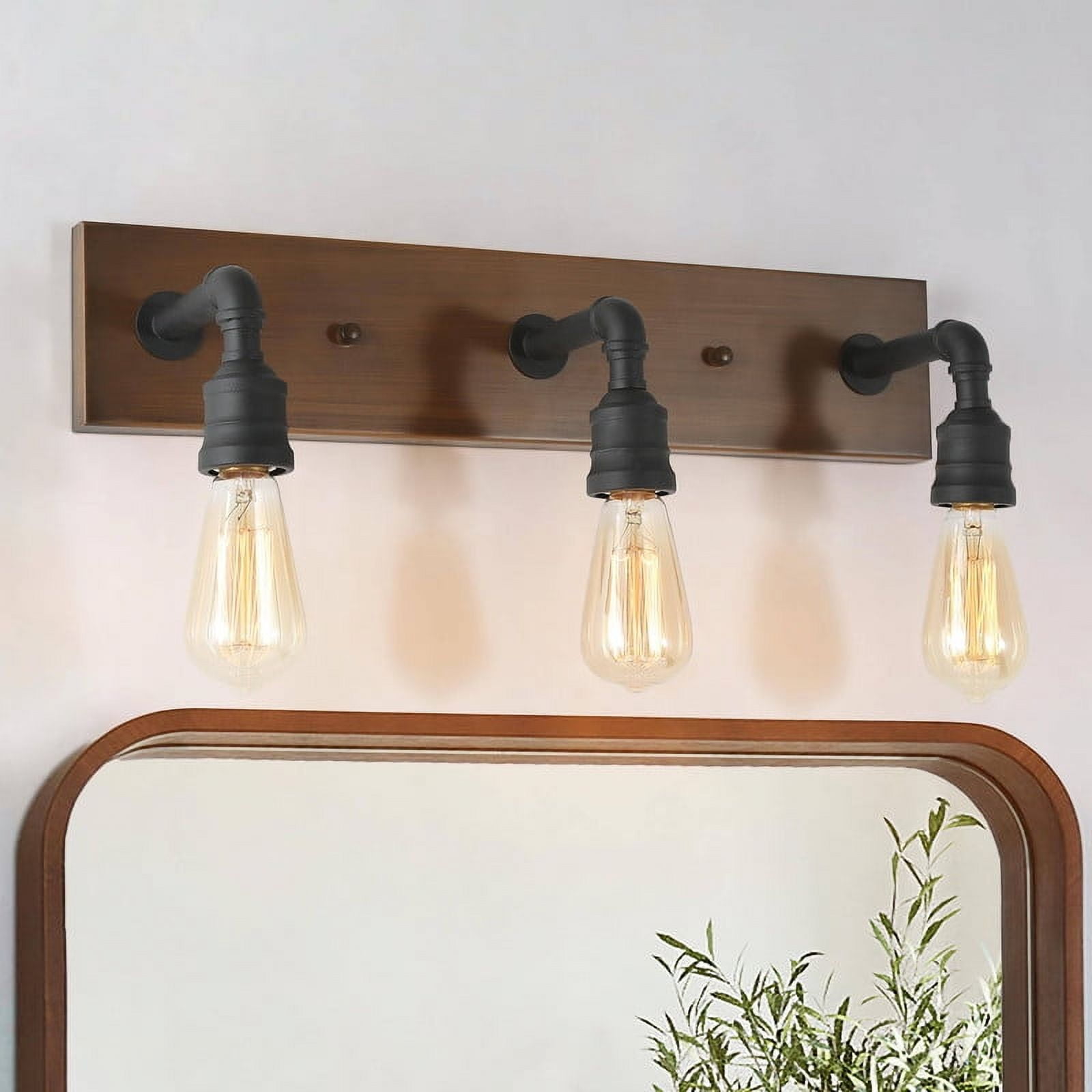 LNC 22-in 3-Light Brown Wood and Matte Black LED Farmhouse Vanity Light for Bathroom