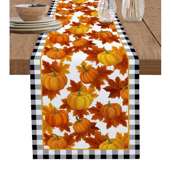 Table Runner 72 Inches Long for Kitchen Dining, Orange Pumpkin Fall Dresser Scarf Farmhouse, Dining Table Decorations for Wedding/Parties, Thanksgiving Black White Plaid Farmhouse 13 x 72 In