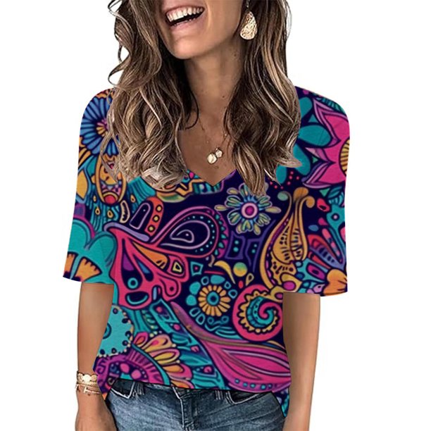 Fiudx Tops para Mujer Camiseta de Manga Corta con Cuello En V Estampada Informal a La Moda para Mujer
