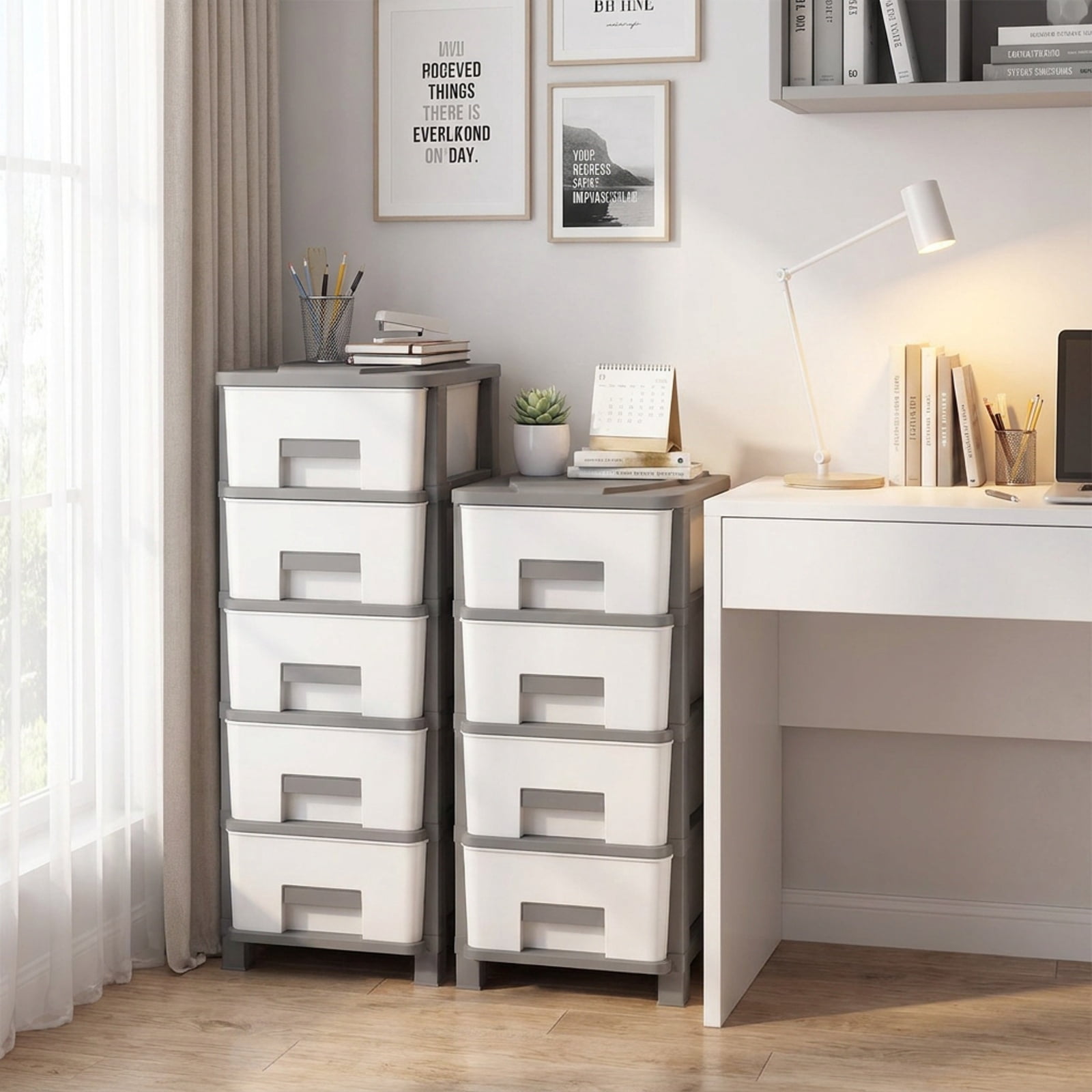 Furnibear Plastic Storage Organizer with Compact Drawer Cabinet Side Table for Bedroom for Bedroom Closet Living Room Nursery Clothes Storage, Gray