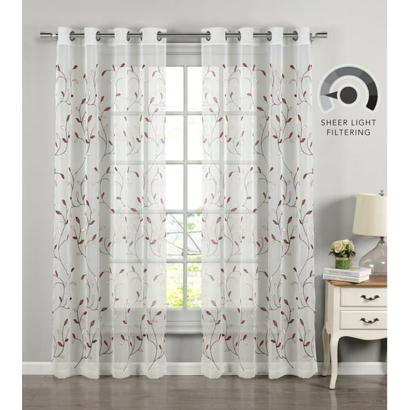 Grommet Curtain Panel, Embroidered Sheer Extra-Wide, Red 54" x 63"