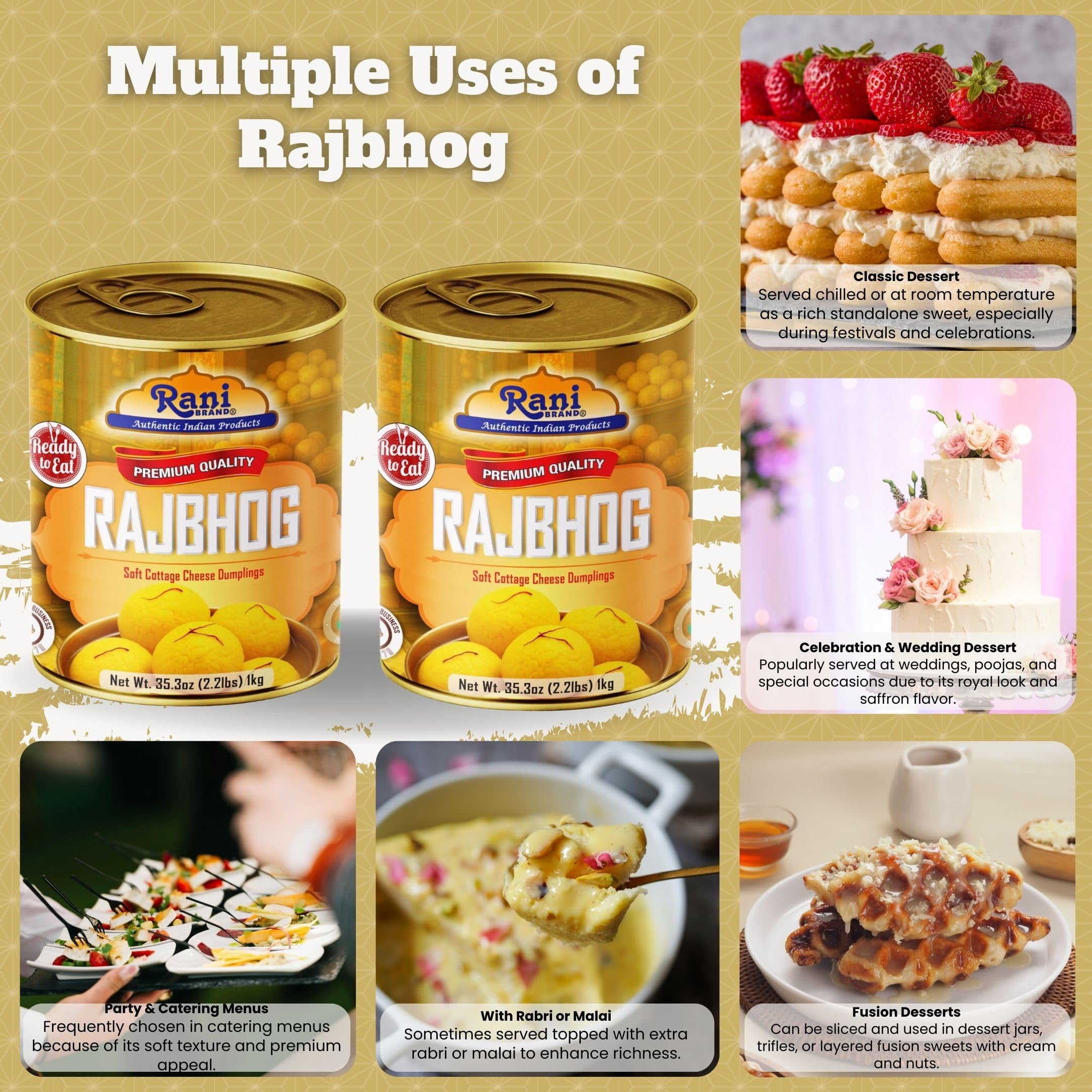 Rani Rajbhog (Soft Cottage Cheese Dumplings) 35.3oz (2.2lbs) 1kg, Pack of 2, Approximately 14 pieces, Easy Open Lid ~ Ready to eat | All Natural | Gluten Free | Non-GMO | Kosher | Indian Origin