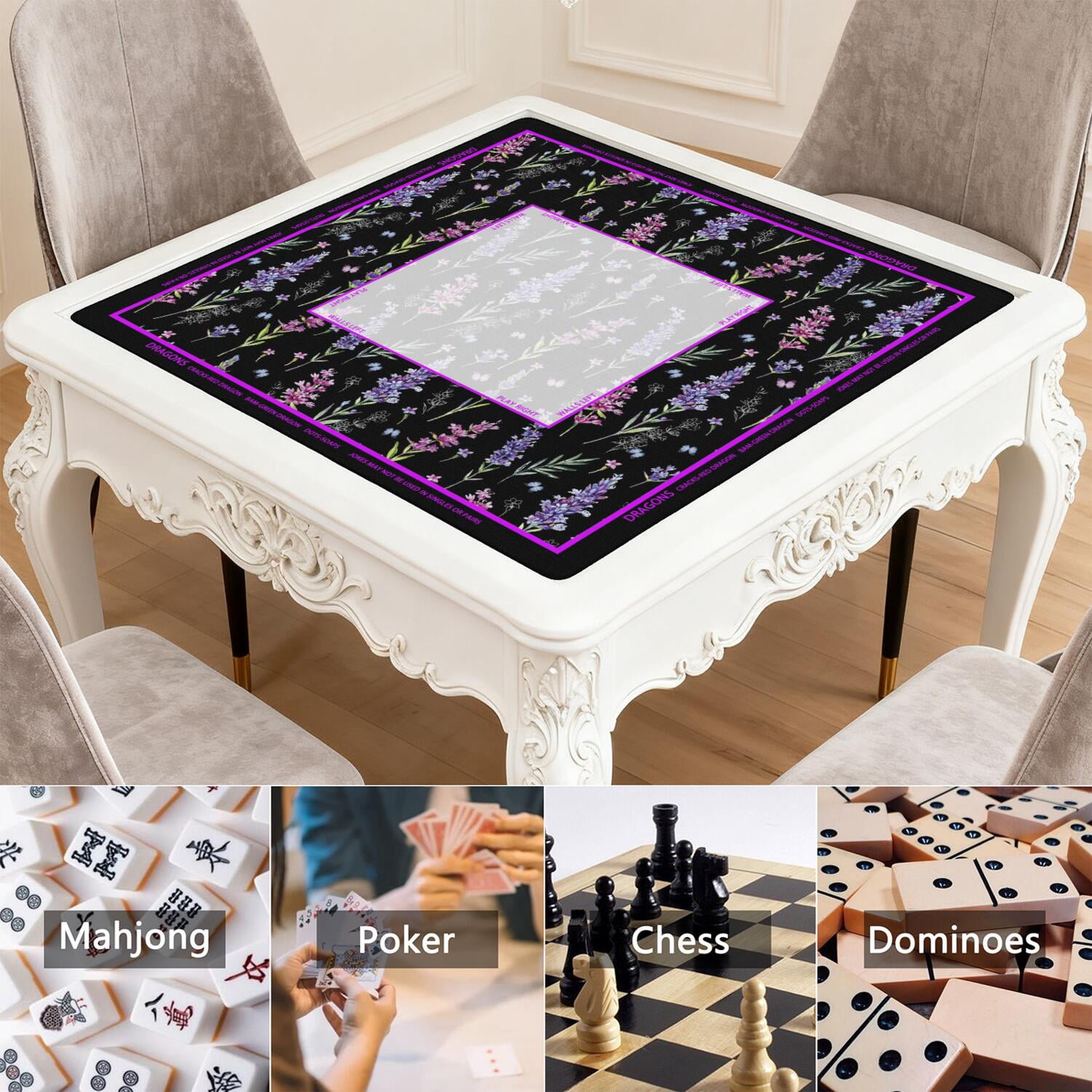 Elegant Mahjong Mat with Rules, 31.5*31.5in Anti Slip American Mahjong Mat for Table, Noise Reduction, Neoprene Mah jongg Mats with Carrying Bag & 3 Dices, Mahjong Set Gift, Board Tile Games Mats