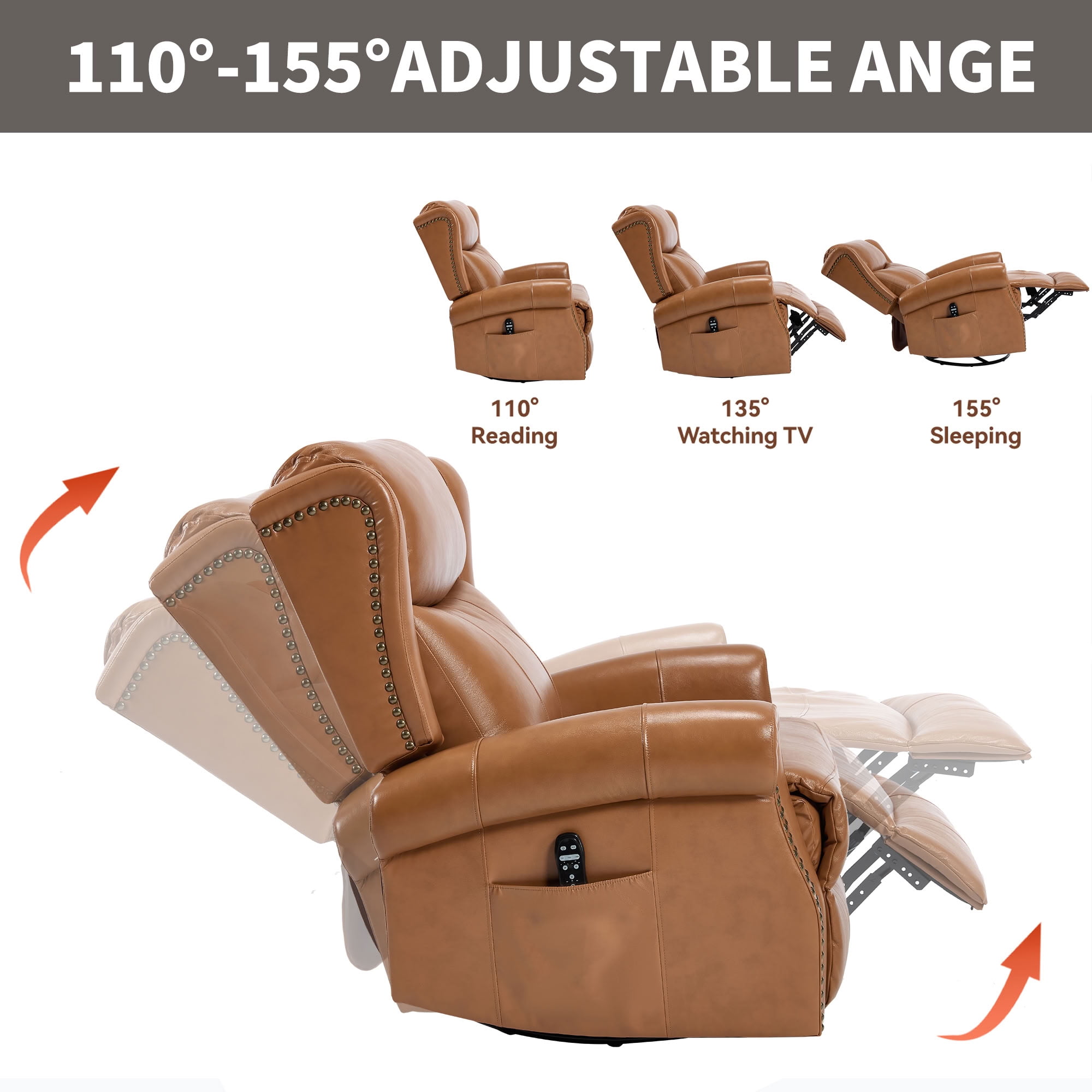 MAYEERTY 360 Degree Swivel Rocker Recliner Chair, Genuine Leather Manual Recline Glider Armchair with 8-Point Vibration Massage & Lumbar Heat, for Living Room Home Theater