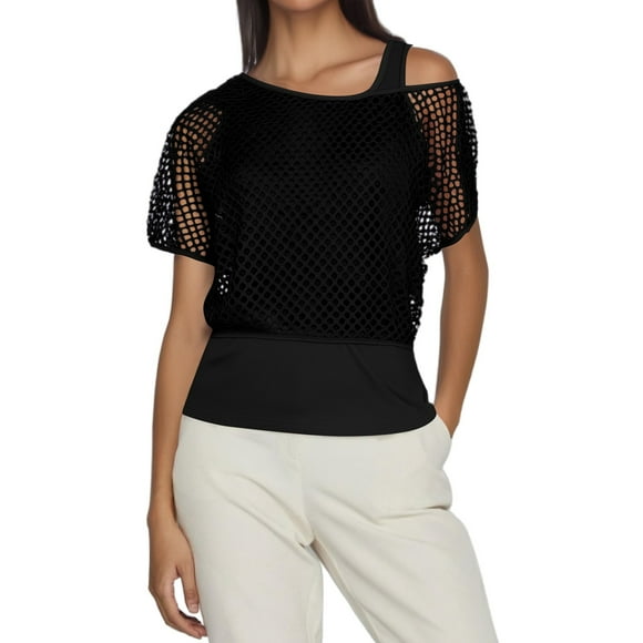 LUOGENLI Female T-shirts for Womens 1980S Neon Festival Fishnet Short Sleeve Top for Retro Party and Dance Events Vintage T-shirts for Women Graphic Tee Summer Clothes Black XXL