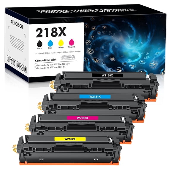 218X 218 Toner Cartridges No Chip Compatible for HP 218A W2180A 218X W2180X 218 3301fdw Laserjet 3301fdw 3301cdw 3201dw 3301sdw 3301 3201 Series Printer Black Cyan Yellow Magenta, Pack-4