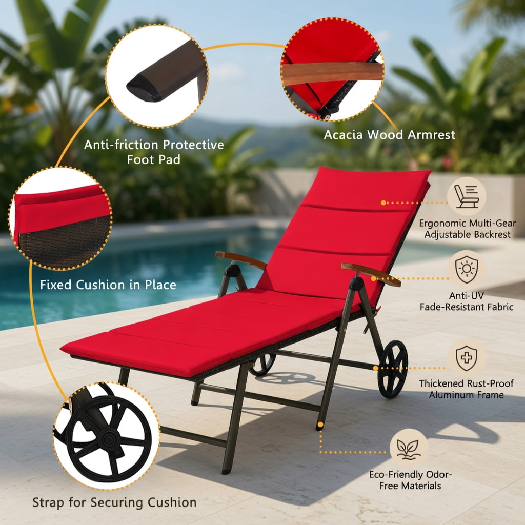 Hommoo Outdoor Rattan Chaise Lounge Chair with Adjustable Backrest & Wheels, PE Wicker Aluminum Frame, Foldable Sun Lounger for Patio, Pool, Deck, Red
