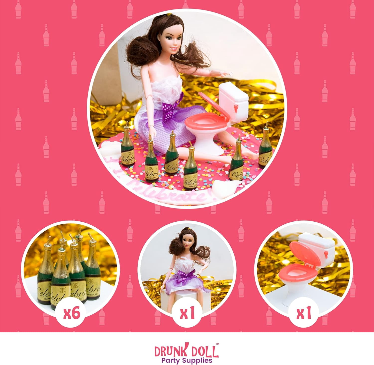 Drunk Doll Cake Topper Funny 21st Birthday Decoration Kit (Brunette)