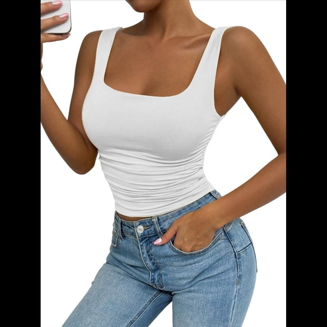 Camiseta Básica de Verano Sin Mangas con Cuello Cuadrado y Fruncido para Mujer. S