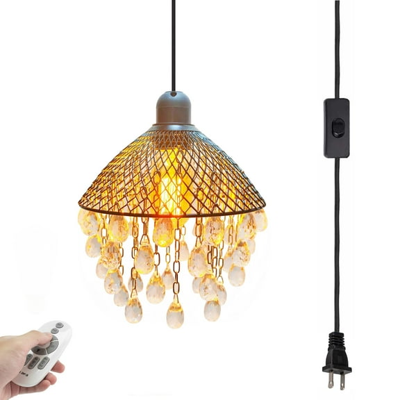 Kiven Plug in Pendant Light, Farmhouse Hanging Light Fixture with Remote and Iron Crystal Lampshade, E26 Socket Dimmable Pendant Light for Bedroom Hallway Kitchen