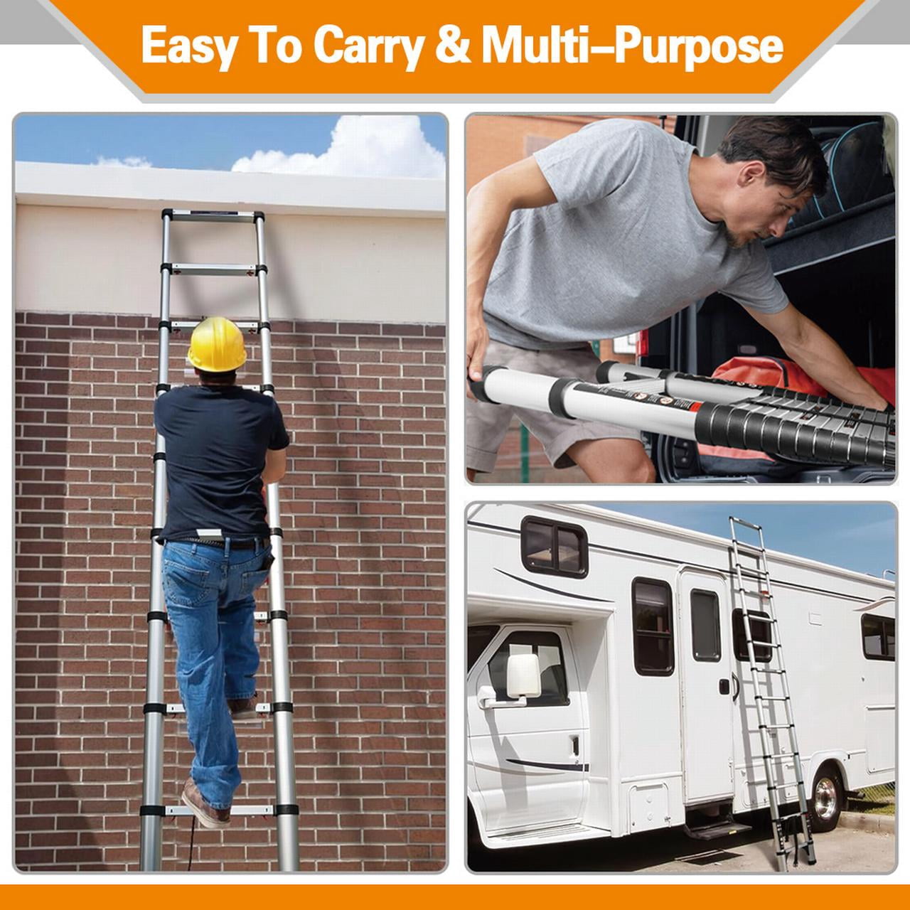 BOWEITI 12.5FT One-button Retraction Stainless Steel Telescoping Extension Ladder, Heavy Duty 330lbs Max Capacity, Multi-Purpose Collapsible Ladder for RV or Outdoor Work