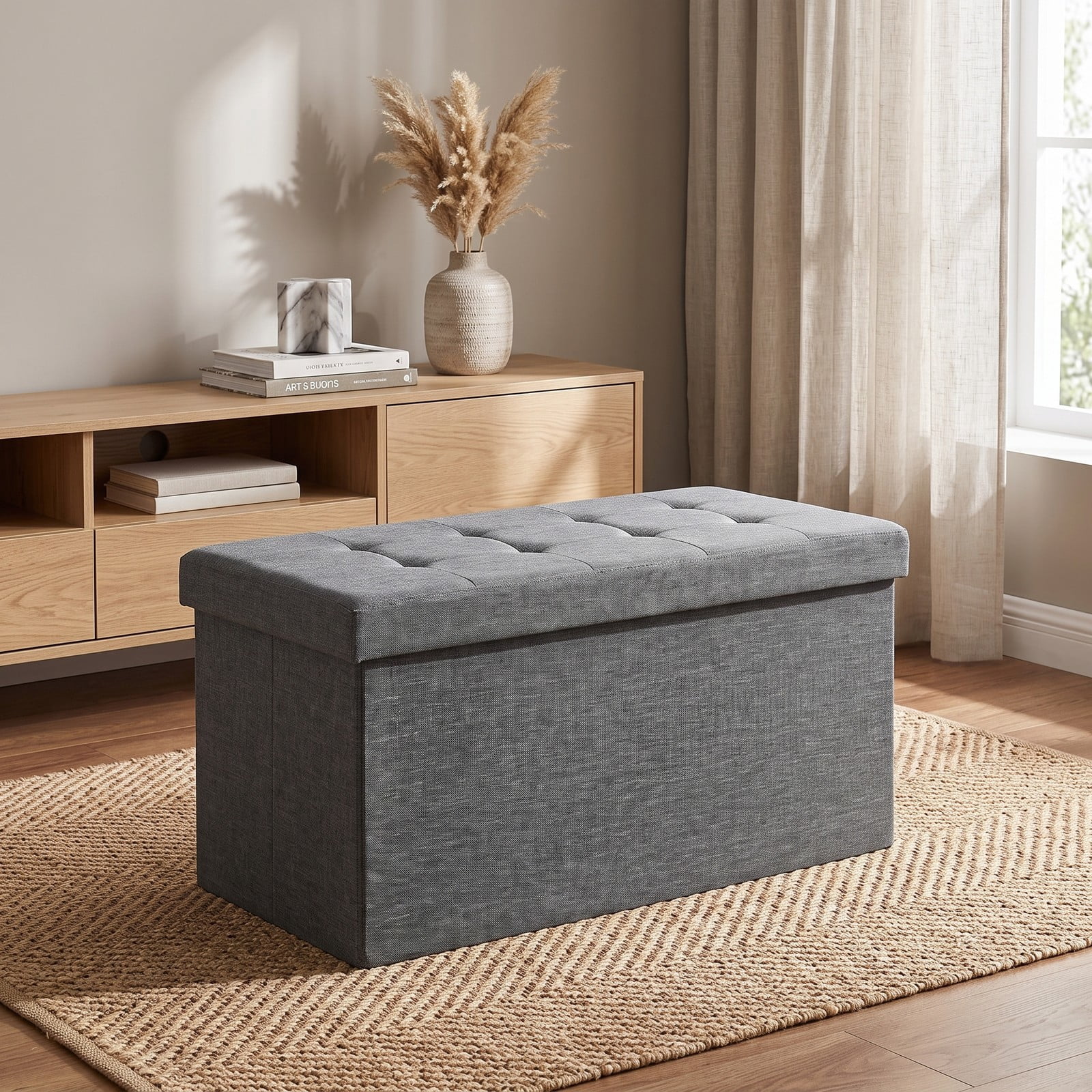 Furnibear 31.5 Inch Foldable Fabric Storage Bench Ottoman with Padded Seat and Removable Hanging Bin for Entryway, Dark Gray