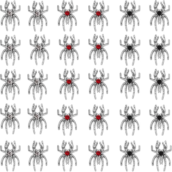 SELVORIA 30Pcs Spider Nail Charms Silver Nail Charm for Halloween Holiday with Rhinestone Design Alloy Spider Charm for Women Girls Holiday DIY Nail Art Decorations Accessories