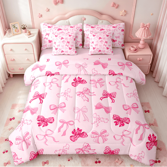 Erosebridal Cute Bowknot Bedding Twin Size,Ribbon Bowtie Comforter Sets with Sheets,Pink Dot Print Bedding Sets Twin Size For Girls,Ultra Soft Bedroom Decoration Reversible,7pcs