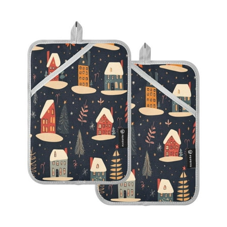 

Two Pieces Of Square Heat Insulation Pad Oven Mitts 7x9.8 Inch Oven Microwave Kitchen Cooking Baking Colorful Christmas Trees and Houses
