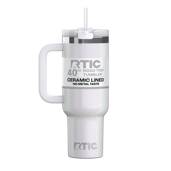 RTIC 40 oz Ceramic Lined Road Trip Tumbler with Handle and Leak-Resistant Straw Lid, White Glitter