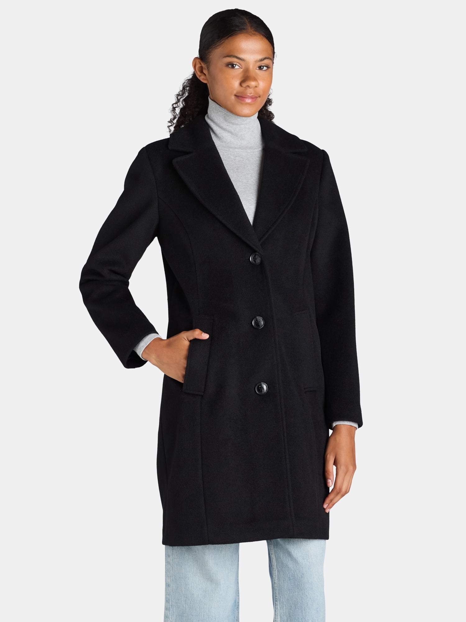 Time and Tru Women's and Women's Plus Faux Wool Boyfriend Coat, Sizes XS-3X