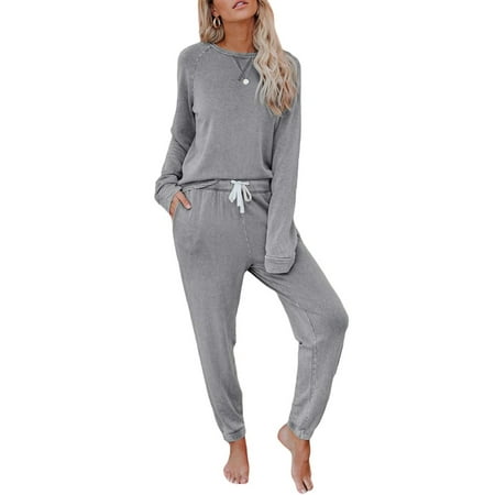 

UKAP Women Baggy Pjs Sleepwear Ladies Loose Loungewear Crew Neck Home Clothes Long Sleeve Beam Foot Nightwear With Pockets Grey L