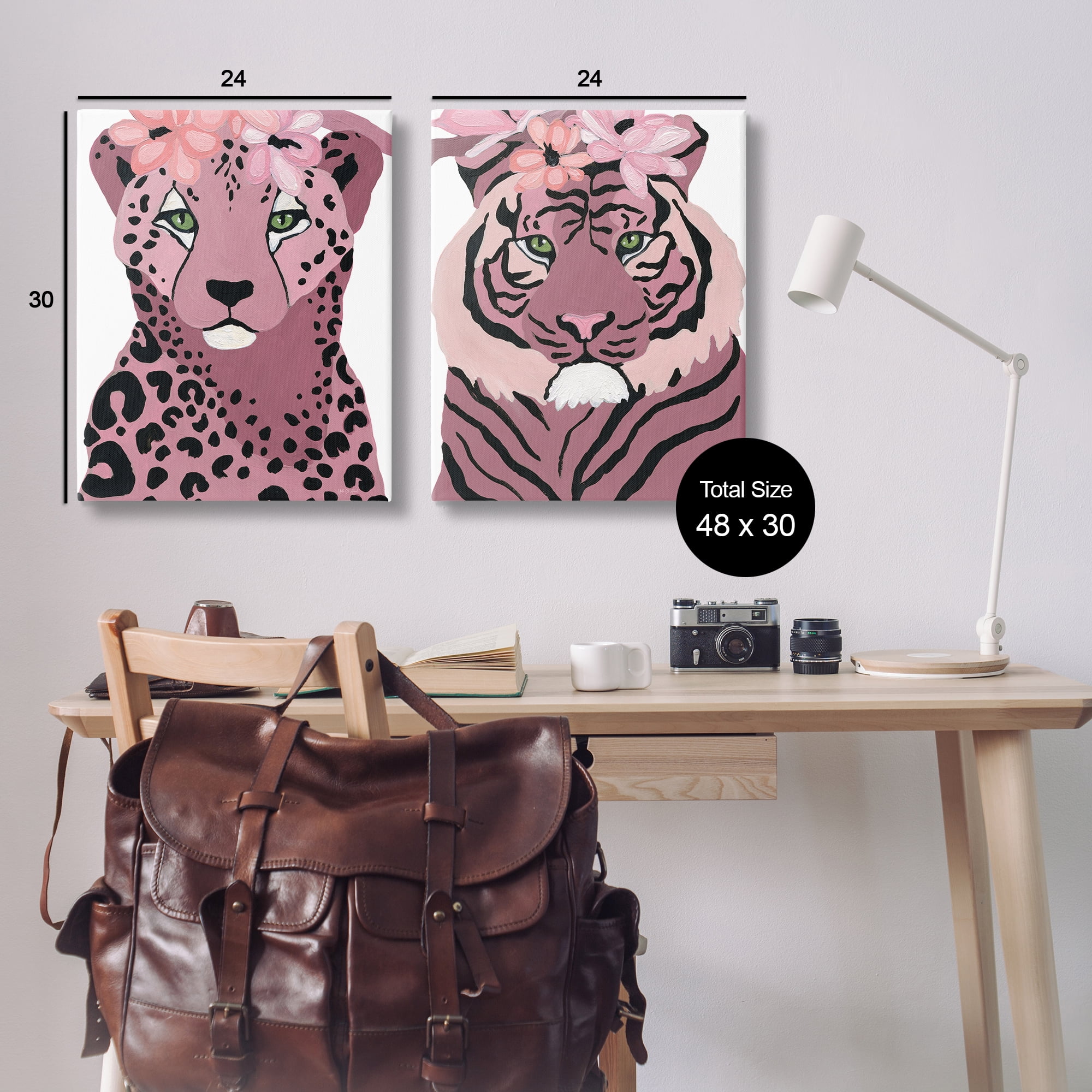 Stupell Industries Floral Cheetah Tiger Animals Painting Wrapped Canvas Art Print Wall Art, 24 x 30, Set of 2