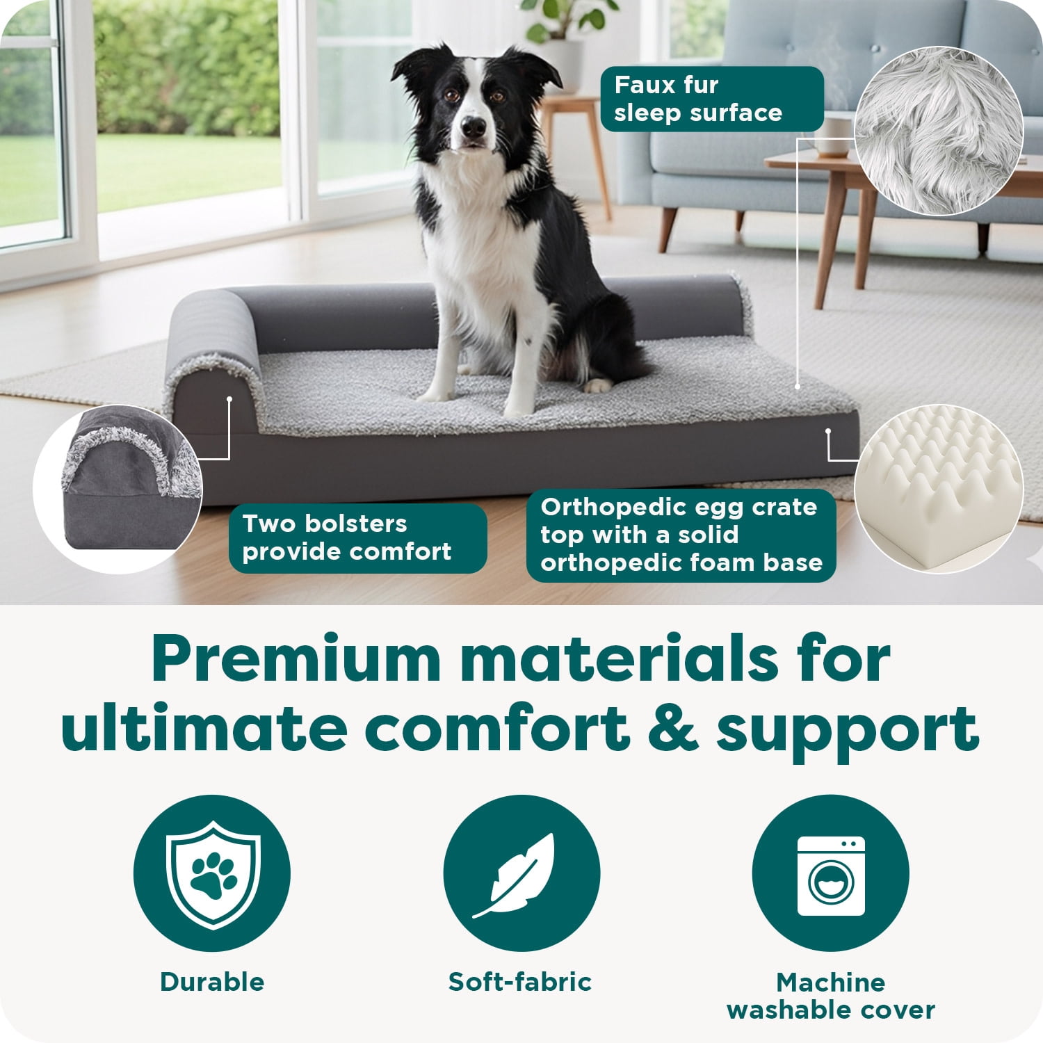 FurHaven Pet Products Two-Tone Faux Fur & Suede Orthopedic Deluxe Chaise Lounge Pet Bed for Dogs & Cats - Dark Sage, Large