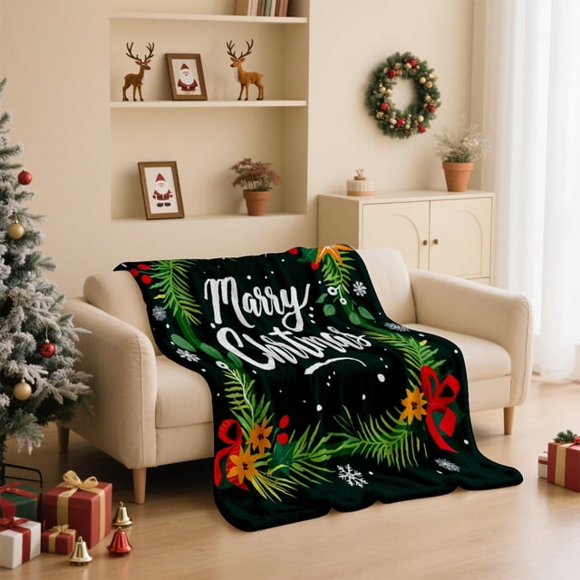 xihome Manta navideña de franela de 130x100cm con estampado navideño, ligera, de polister, ideal para decorar la cama o el sof.