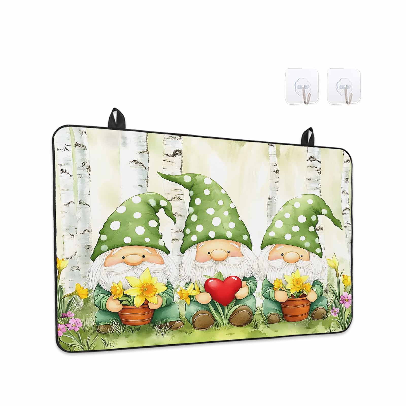 Cute Green Gnomes Stove Top Cover for Electric Stove, Heat-proof & Non Slip Glass Top Stove Cover Protector, Flowers Forest Heart Vintage Kitchen Flat Cooktop Rubber Mat 24x21 Inches