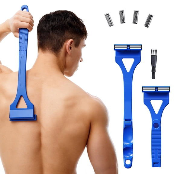 Back Shavers for Men with Foldable Long Ergonomic Handle: DIY Hair Shaver, Replaceable Safety Blade & Portable Razor Groomer for Men, Wet & Dry Shaving,Black (4PCS Blades Included)