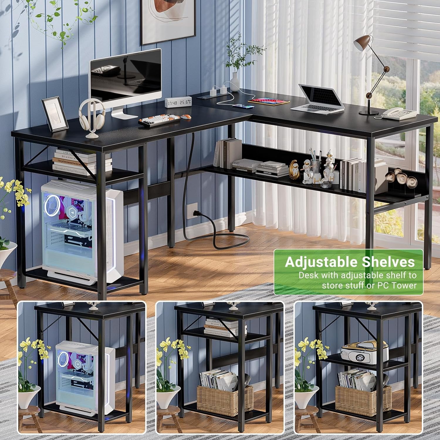 iSunirm Home Office Desk Adult Lap Desks, 42.5 x 50.4 in, Black, L Shaped Computer Desk with Magic Power Outlets and USB Charging Ports
