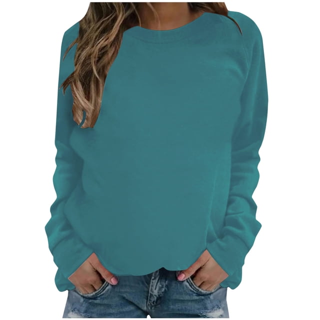 Qucoqpe - Sudadera informal de manga larga para mujer, cuello redondo, bonito jersey de color liso, corte holgado, en liquidación
