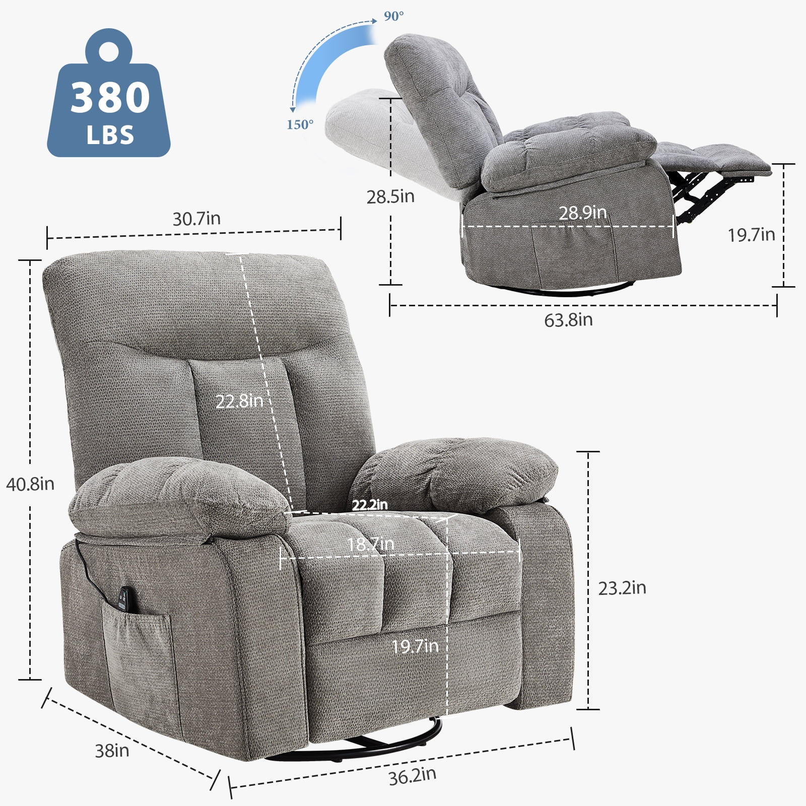 Gianna Swivel Rocker Recliner Chair with Massage and Heat, 270° Swivel with Chenille Fabric, Footrest and Adjustable Recline 90°–150° for Living Room or Bedroom
