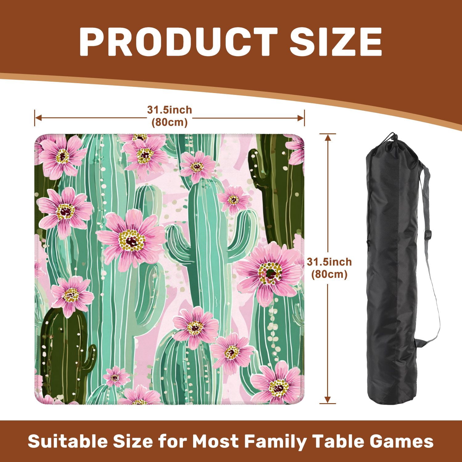 Mahjong Mat 31.5" x 31.5" Cactus pink flowers light seamless Non-Slip Noise Reduction American Mahjong Tiles Table Cover for Dominoes Poker Card Board Games Gift