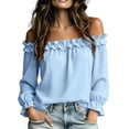 thumbnail image 4 of ClodeEU Women's Off Shoulder Long Sleeve Blouse, Casual Solid Color Top with Ruffled Trim Light Blue,Women's Plus L, 4 of 8