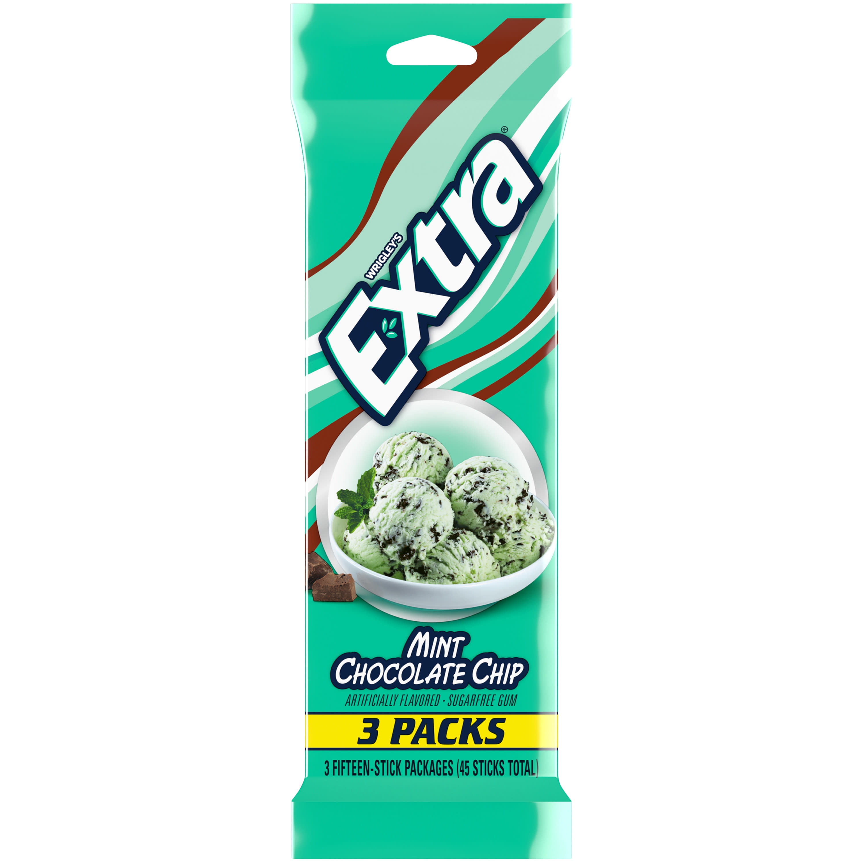 Extra Gum Mint Chocolate Chip Sugar Free Gum - 15 Stick (Pack of 3)